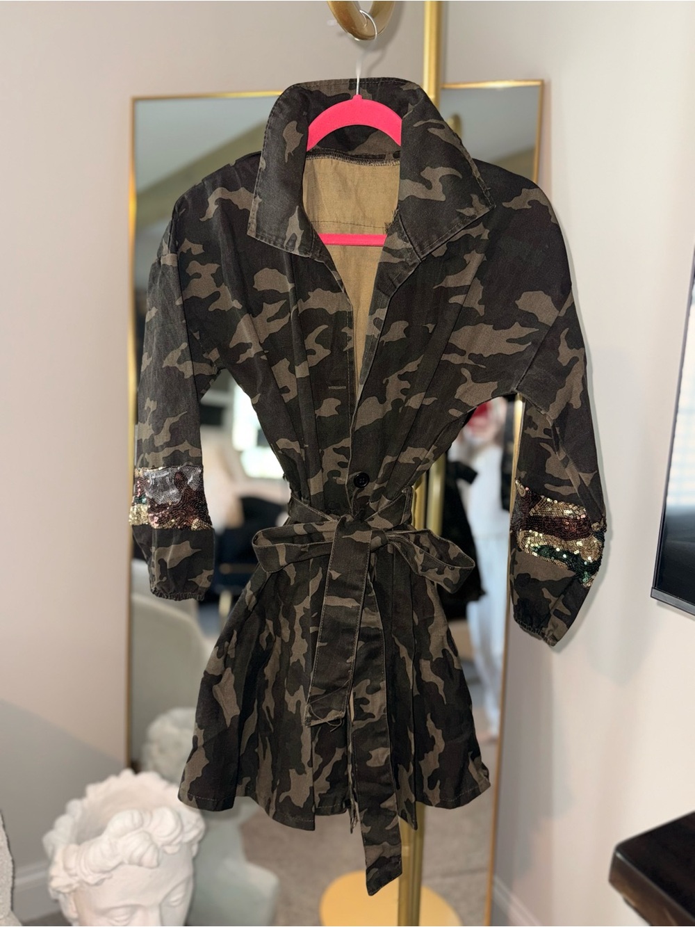 Camo Belted Utility Jacket with Sequin Sleeve Accents